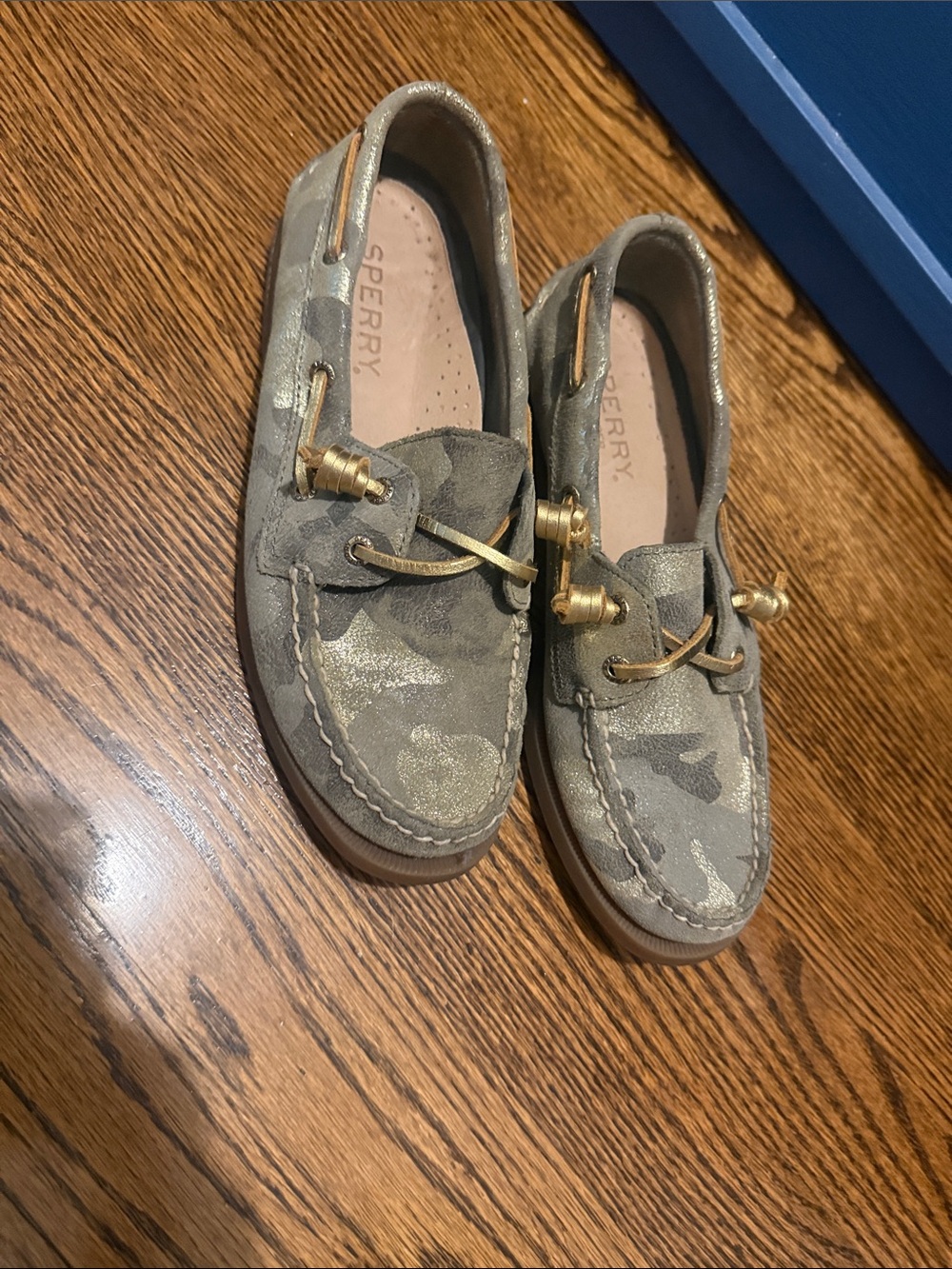Sperry Gray Camo Moccasin Boat Shoes with Gold Accents